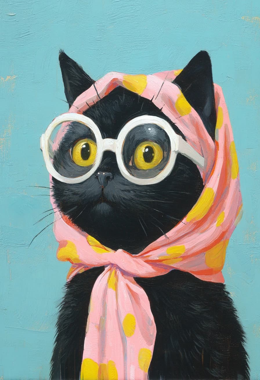 AI-generated stylised cat in glasses and scarf made with Ideogram on HayatGen