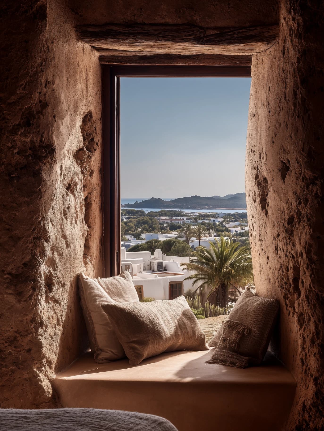 AI-generated Mediterranean window nook at golden hour made with Imagen 4 on HayatGen