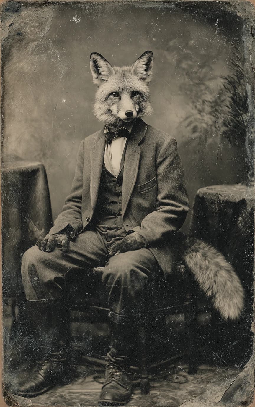 AI-generated vintage tintype of a fox in a suit made with FLUX on HayatGen